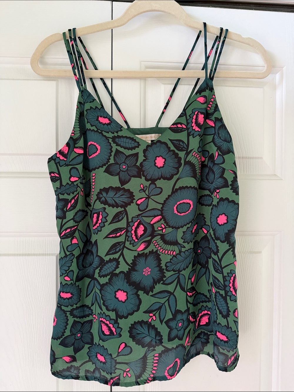 Skies Are Blue Green Floral Strappy Cami with Pink Accents